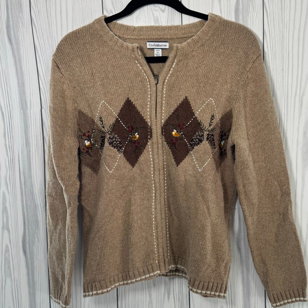 Croft & Barrow Argyle Zip Cardigan Sweater Women PSmall Brown Bird Embroidery